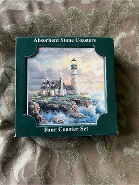 Absorbent Stone Coaster Set - Green Box with Lighthouse Design